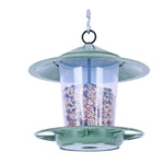 Eco Beacon Hanging Bird Feeder - The Irish Gardener Store Eco Beacon Hanging Bird Feeder, green weather-resistant finish, transparent seed container filled with mixed birdseed, wide overhanging roof for rain protection, circular base with multiple feeding ports, sturdy hanging hook at the top, eco-friendly and functional design