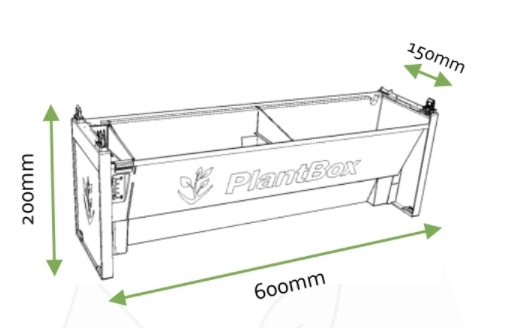Diagram of the PlantBox Living Wall System with dimensions labeled: 600mm width, 200mm height, and 350mm depth, showcasing its compact and modular design, Plant Box Living Wall System - The Irish Gardener Store