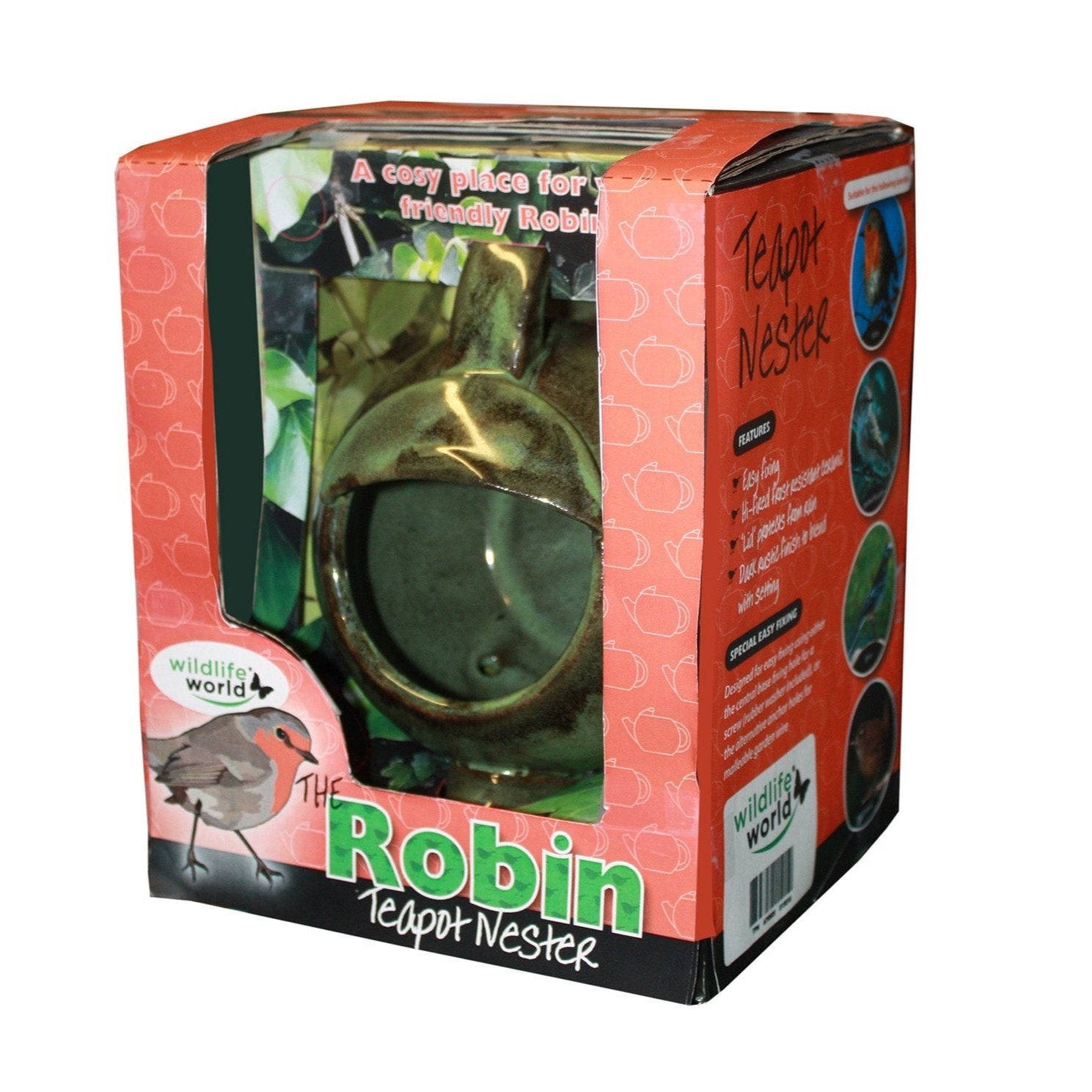Robin Teapot Nester - The Irish Gardener Store Robin Teapot Nester, ceramic teapot-shaped birdhouse, green glaze finish, rounded design, open-top entrance, durable and weatherproof material, eco-friendly bird shelter, ideal for robins and small birds, decorative garden feature, unique wildlife habitat, standalone view