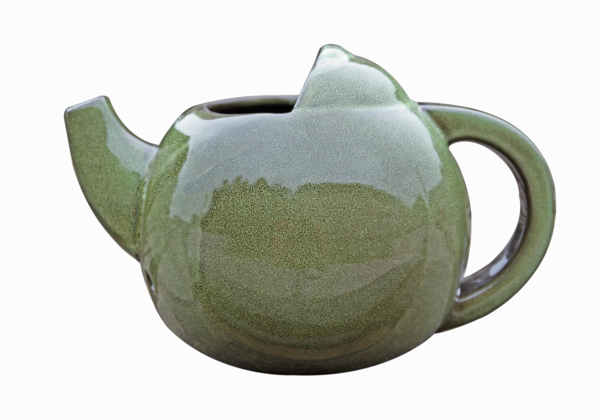 Robin Teapot Nester - The Irish Gardener Store  Robin Teapot Nester, ceramic teapot-shaped birdhouse, green glaze finish, rounded design, open-top entrance, durable and weatherproof material, eco-friendly bird shelter, ideal for robins and small birds, decorative garden feature, unique wildlife habitat, standalone view