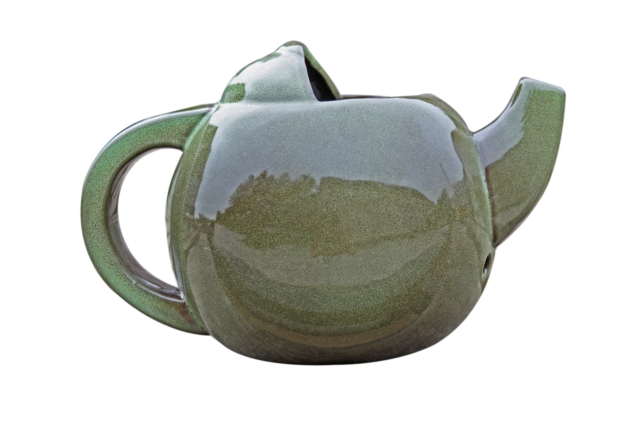 Robin Teapot Nester - The Irish Gardener Store Robin Teapot Nester, ceramic teapot-shaped birdhouse, green glaze finish, rounded design, open-top entrance, durable and weatherproof material, eco-friendly bird shelter, ideal for robins and small birds, decorative garden feature, unique wildlife habitat, standalone view