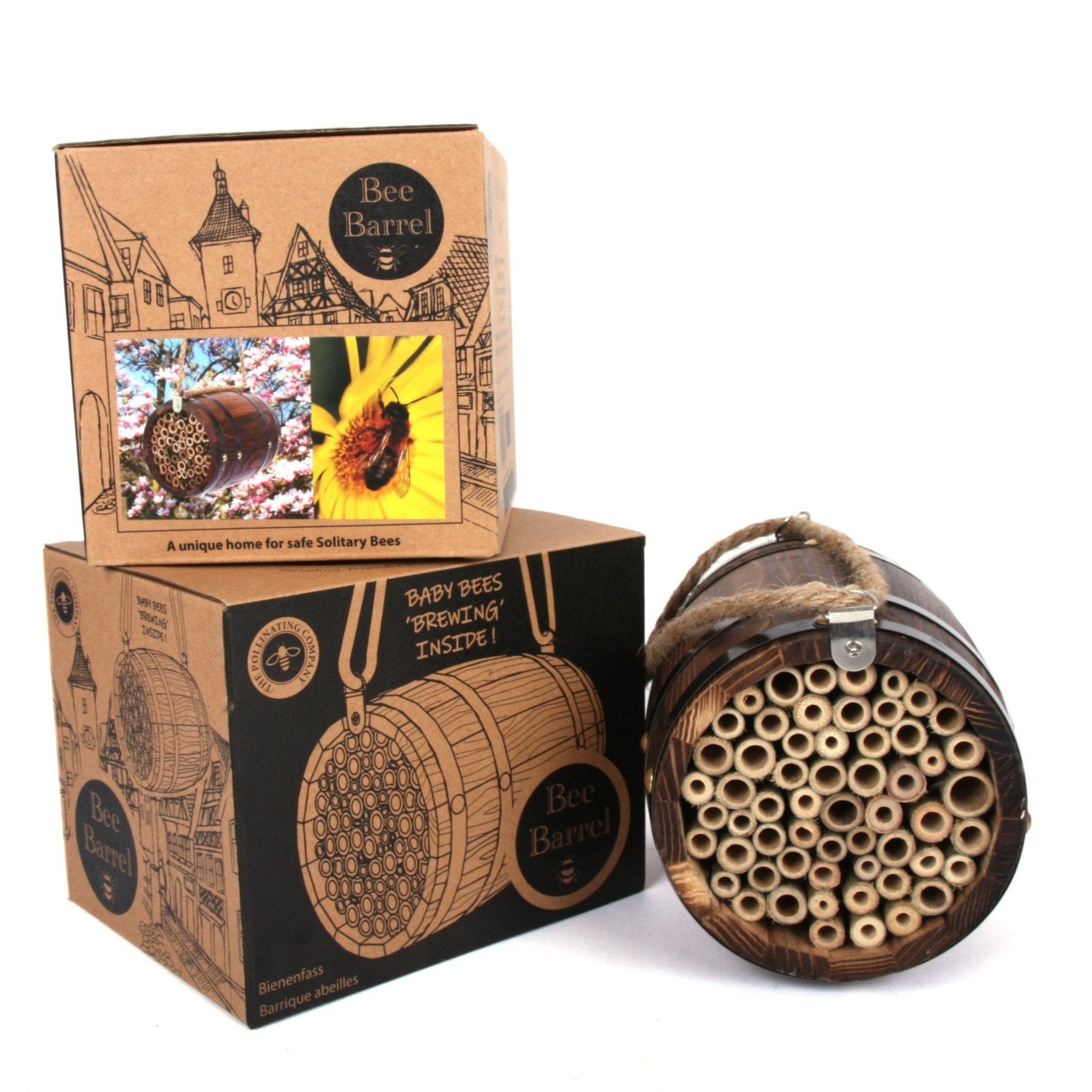 The Bee Barrel - The Irish Gardener Store rustic wooden bee barrel, hanging pollinator habitat, bamboo nesting tubes, eco-friendly design, bee nesting barrel, garden decoration for pollinators, sustainable bee shelter, wildlife garden accessory, wooden barrel bee home, rope hanging bee habitat